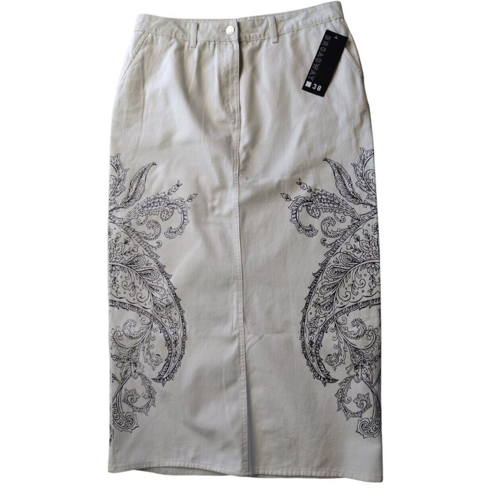 Broadway Skirt Women 12 Beige Black Maxi Floral Paisley Pockets Boho Shabby Chic